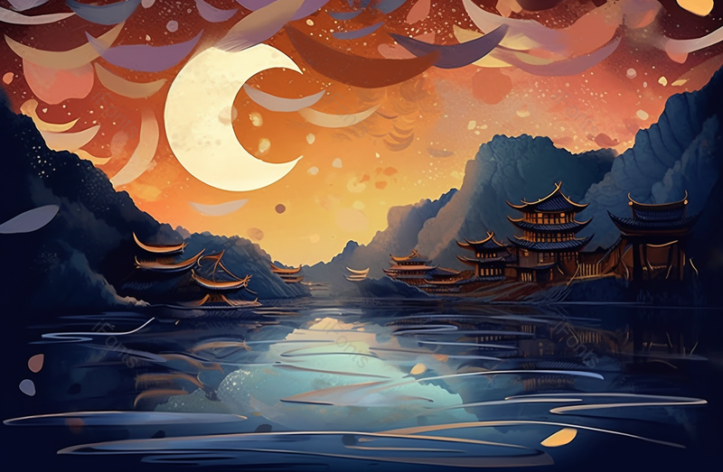 中秋节中国风山水凉亭古风建筑月亮下平静的水面插画,插画/手绘图,插画/手绘图库,插画/手绘图下载,插画/手绘